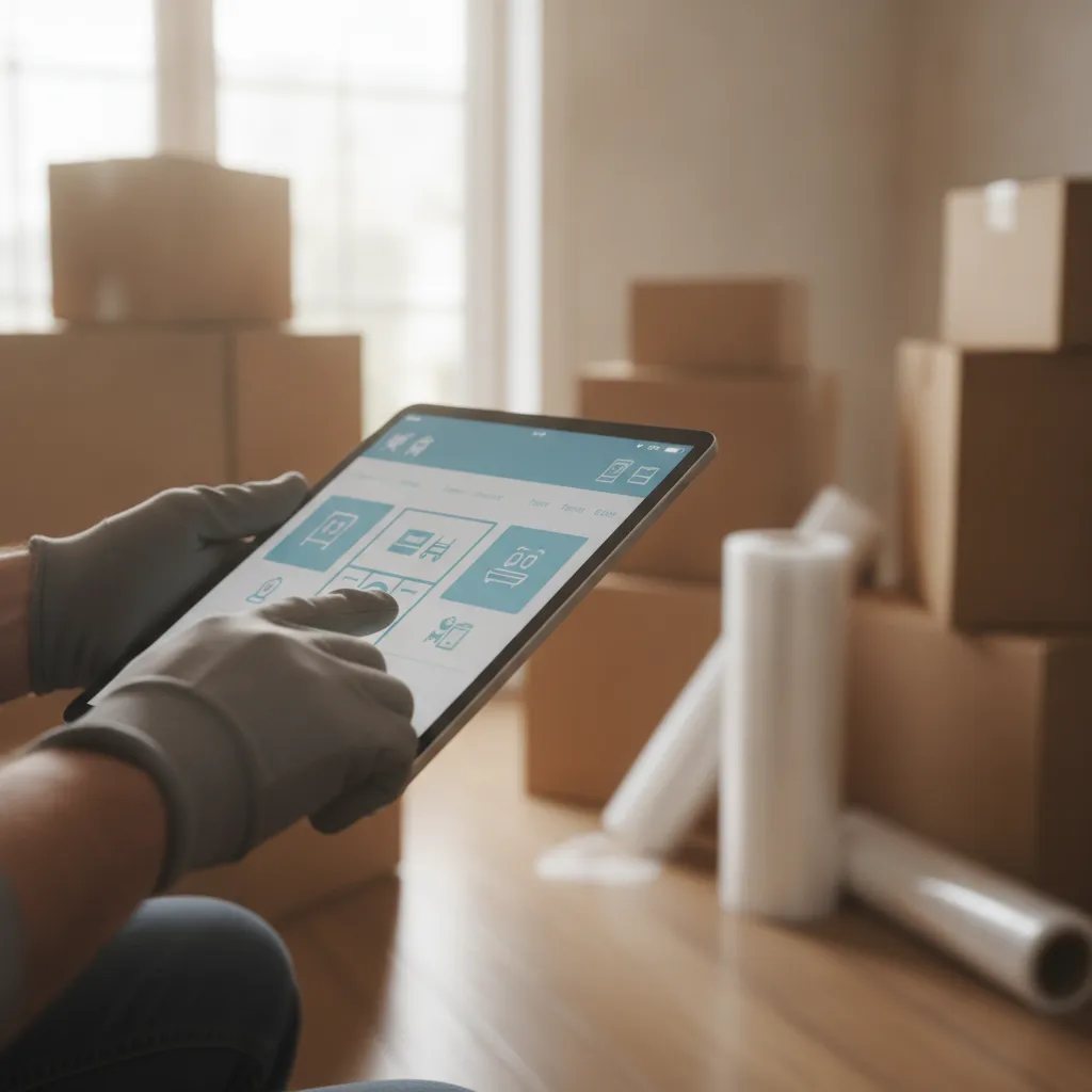 Close-up of mover using a tablet to build a moving inventory for accurate moving quotes in Essex County