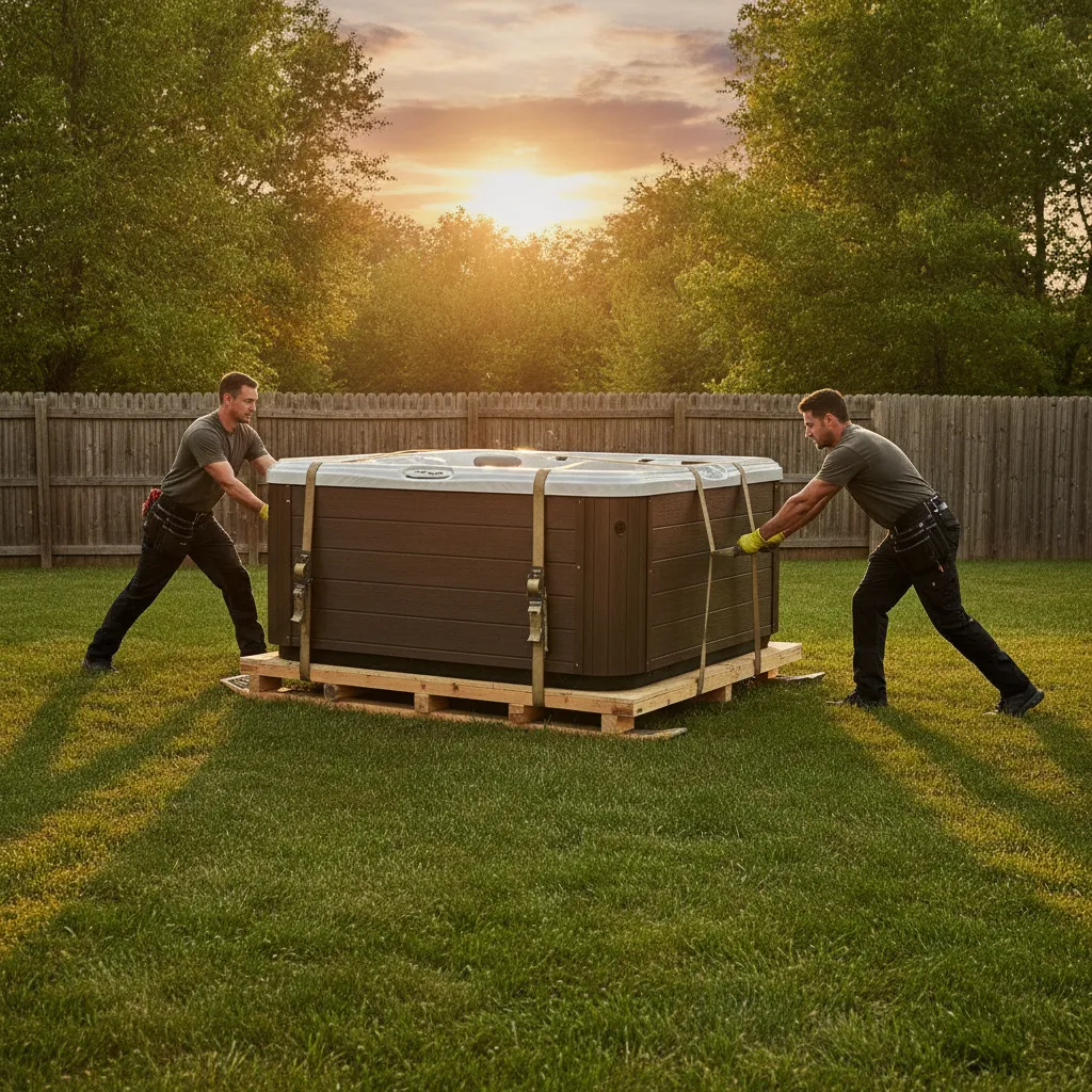 EC Movers specialty team moving a hot tub in an Amherstburg backyard with a sled and straps, planned route and protection in place