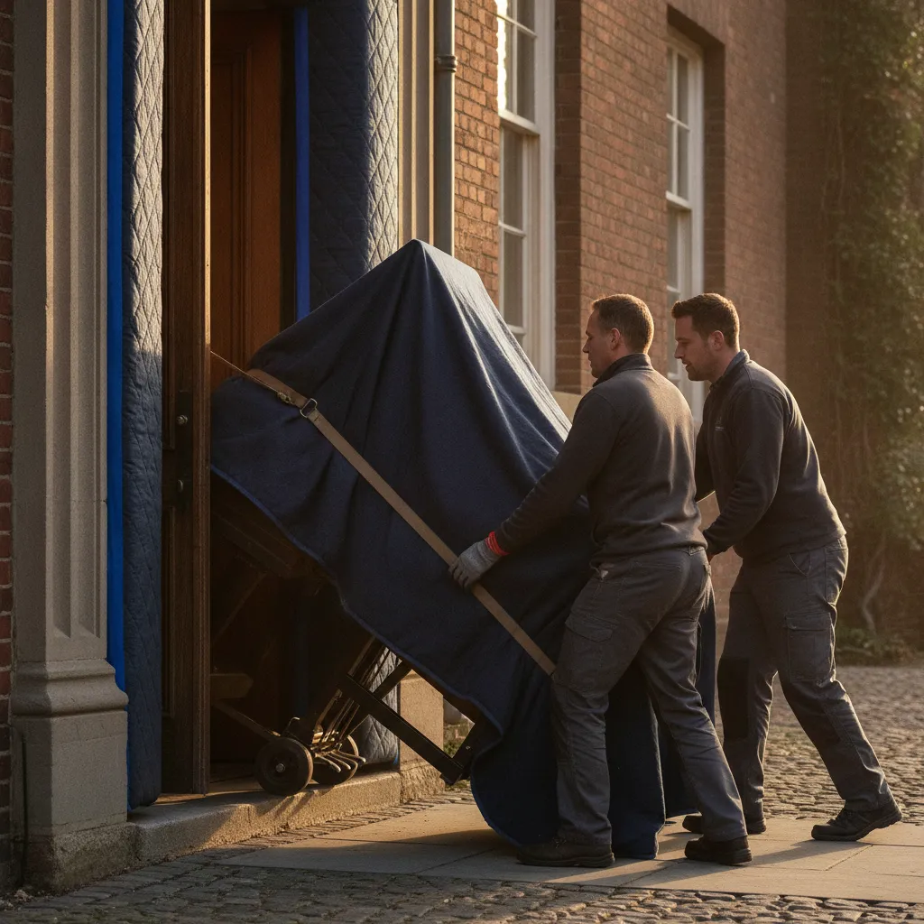 Professional movers maneuvering a piano through a narrow Amherstburg heritage doorway with pads and dollies