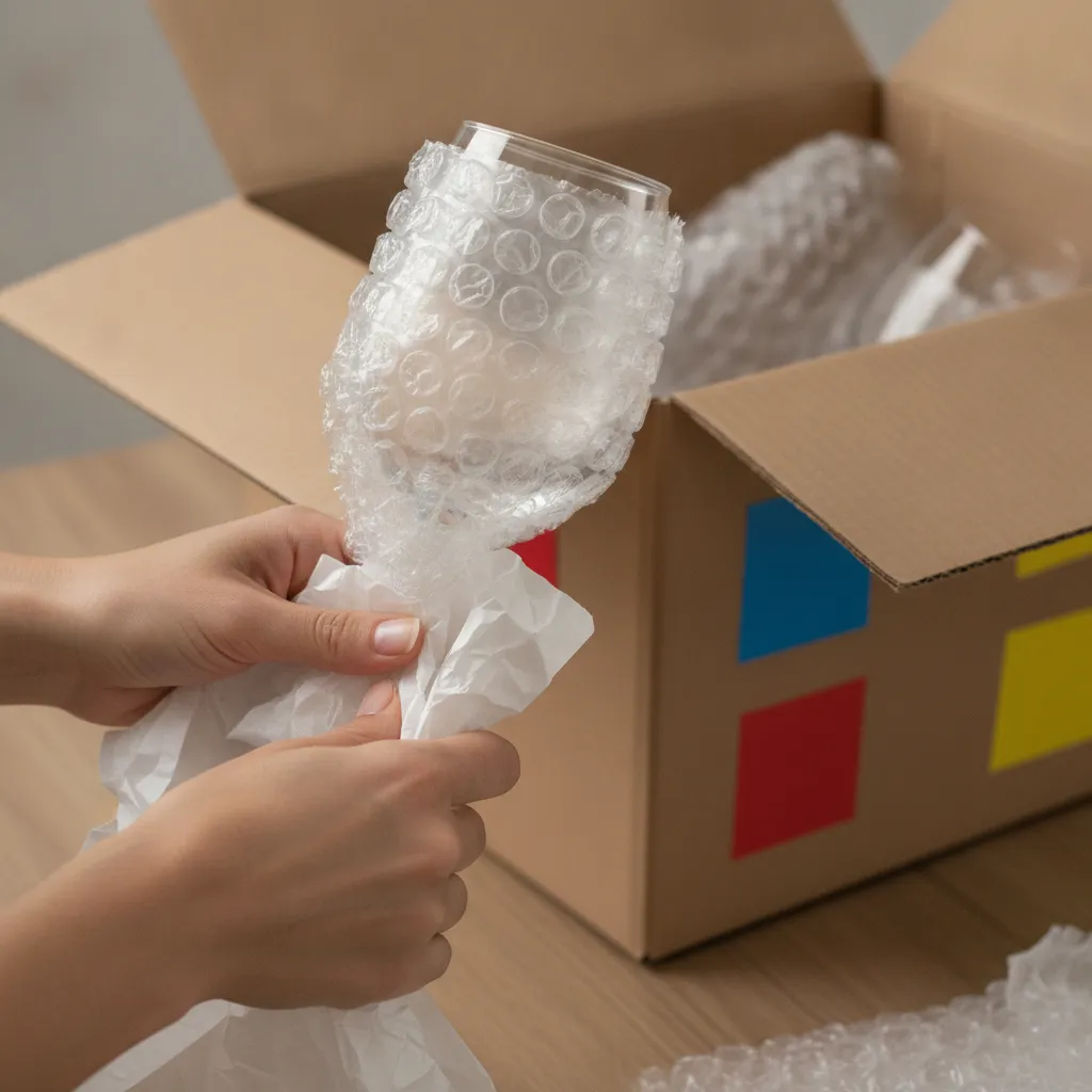 Close-up of careful packing for Kingsville moving checklist: wrapping glassware with bubble wrap and paper