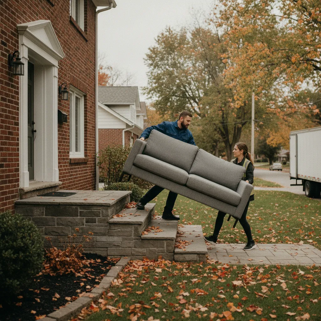 Two professional movers carrying a sofa into a brick home during a Kingsville move