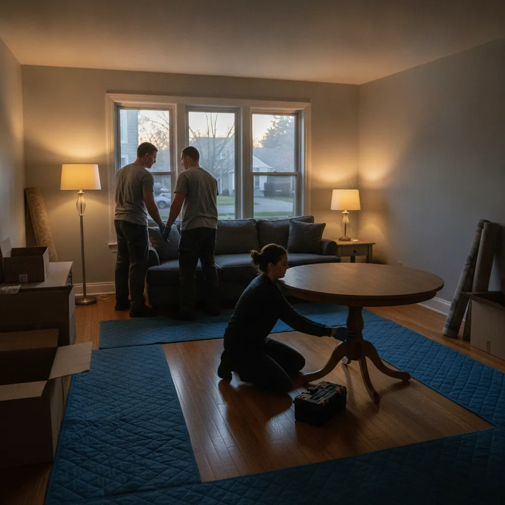 Roseland local move: movers setting up a living room with floor runners and assembled furniture