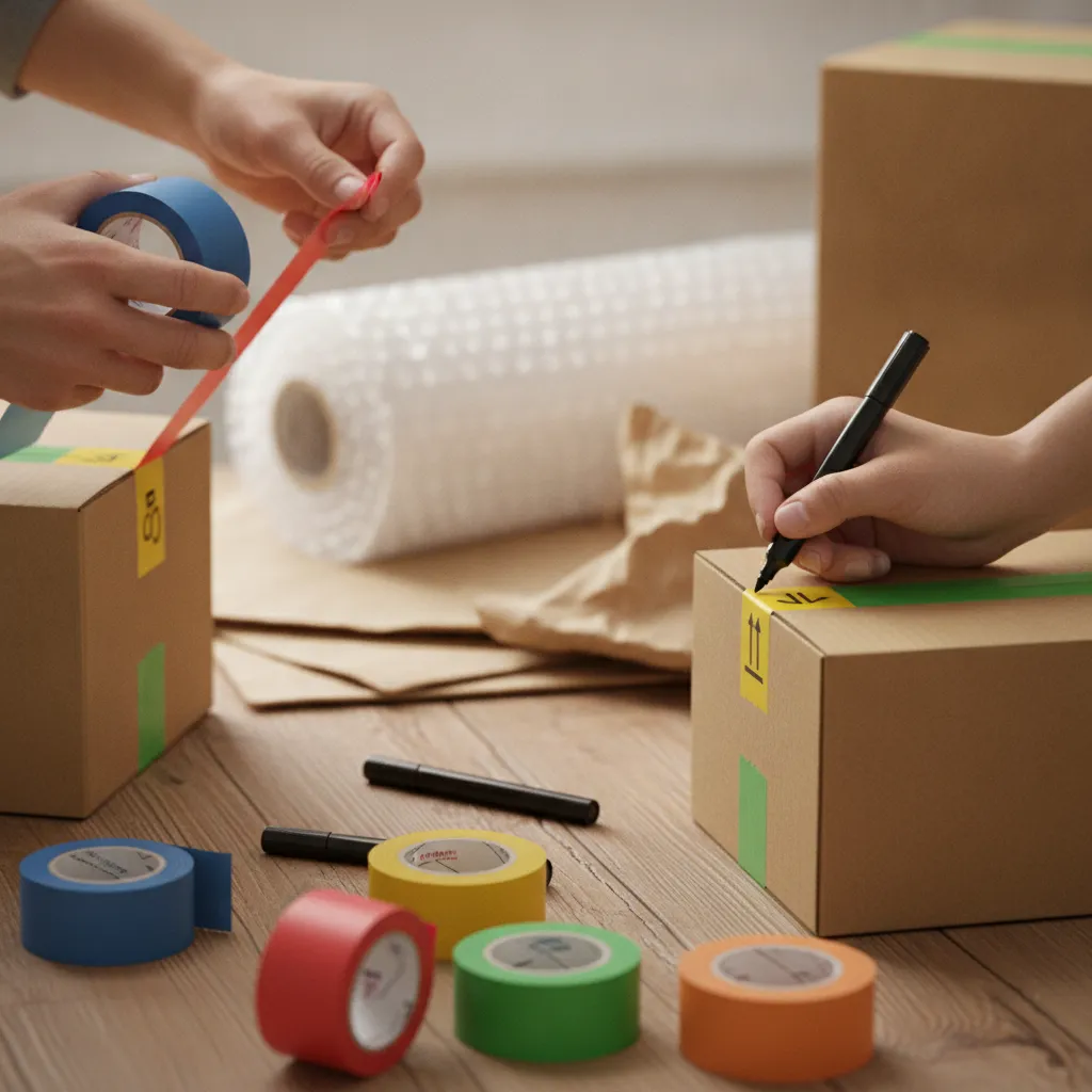 Close-up of color-coded labels on moving boxes for an Amherstburg moving checklist