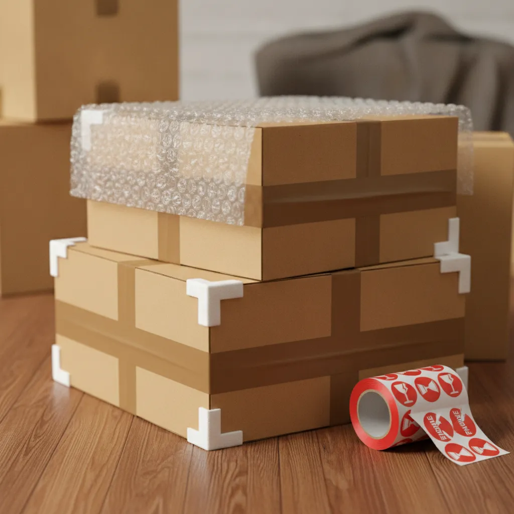 LaSalle moving preparation with labeled boxes, bubble wrap, and foam corners for safe packing
