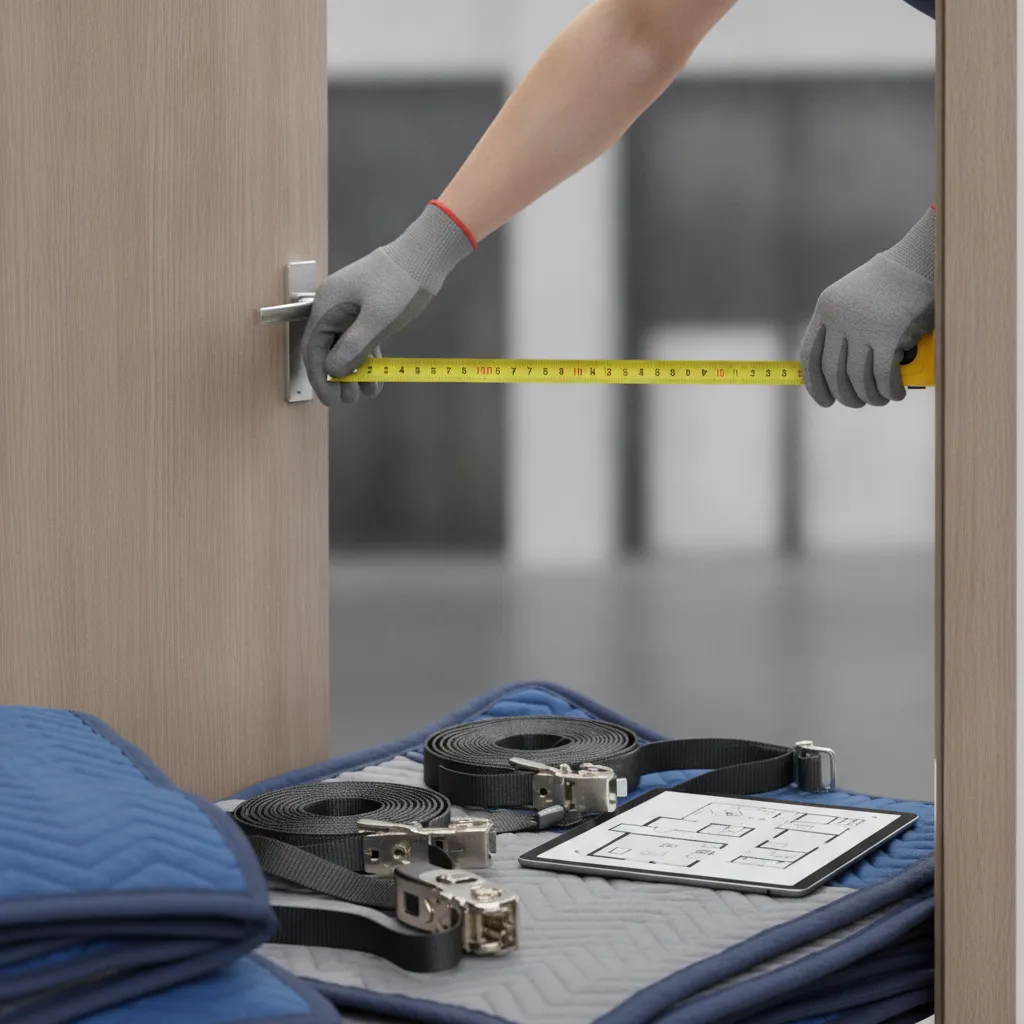 Close-up of a mover measuring a doorway with a tape measure next to moving blankets and straps, illustrating precise access details for accurate moving quotes