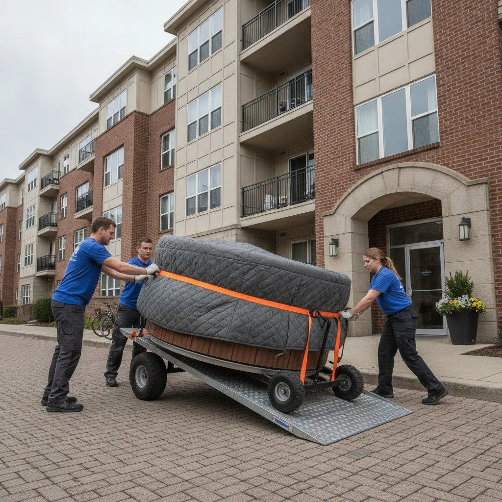 Movers using a heavy-duty dolly and ramp to maneuver a hot tub near an apartment entrance, showing safe specialty moving technique