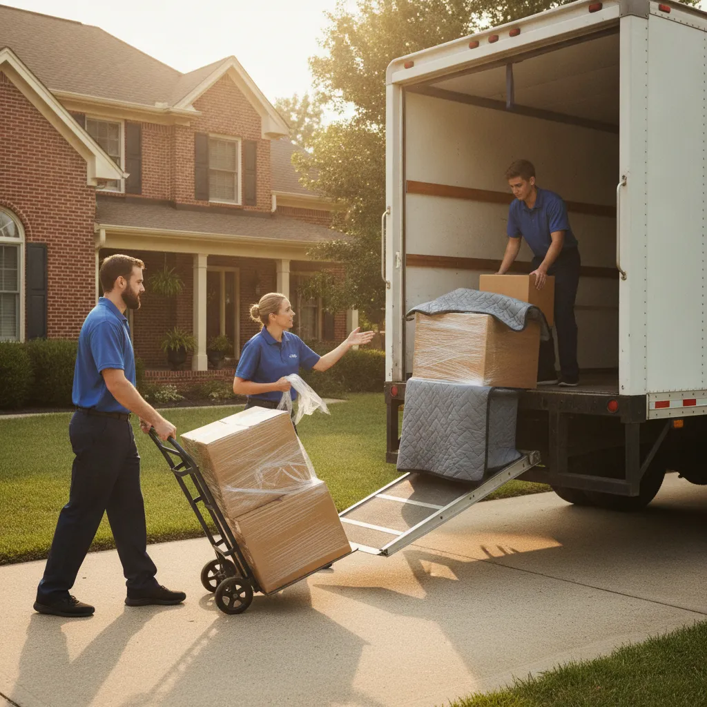 Professional movers loading a truck using furniture pads, stretch wrap, and a dolly in Roseland, showing proper moving supplies in action
