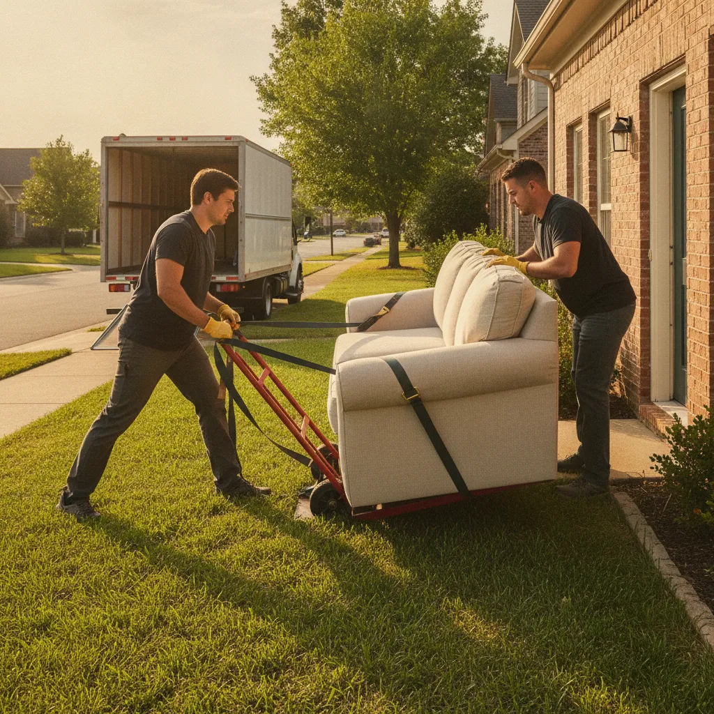 Roseland movers using a dolly and lifting straps to guide a sofa through a front doorway on moving day in Essex County