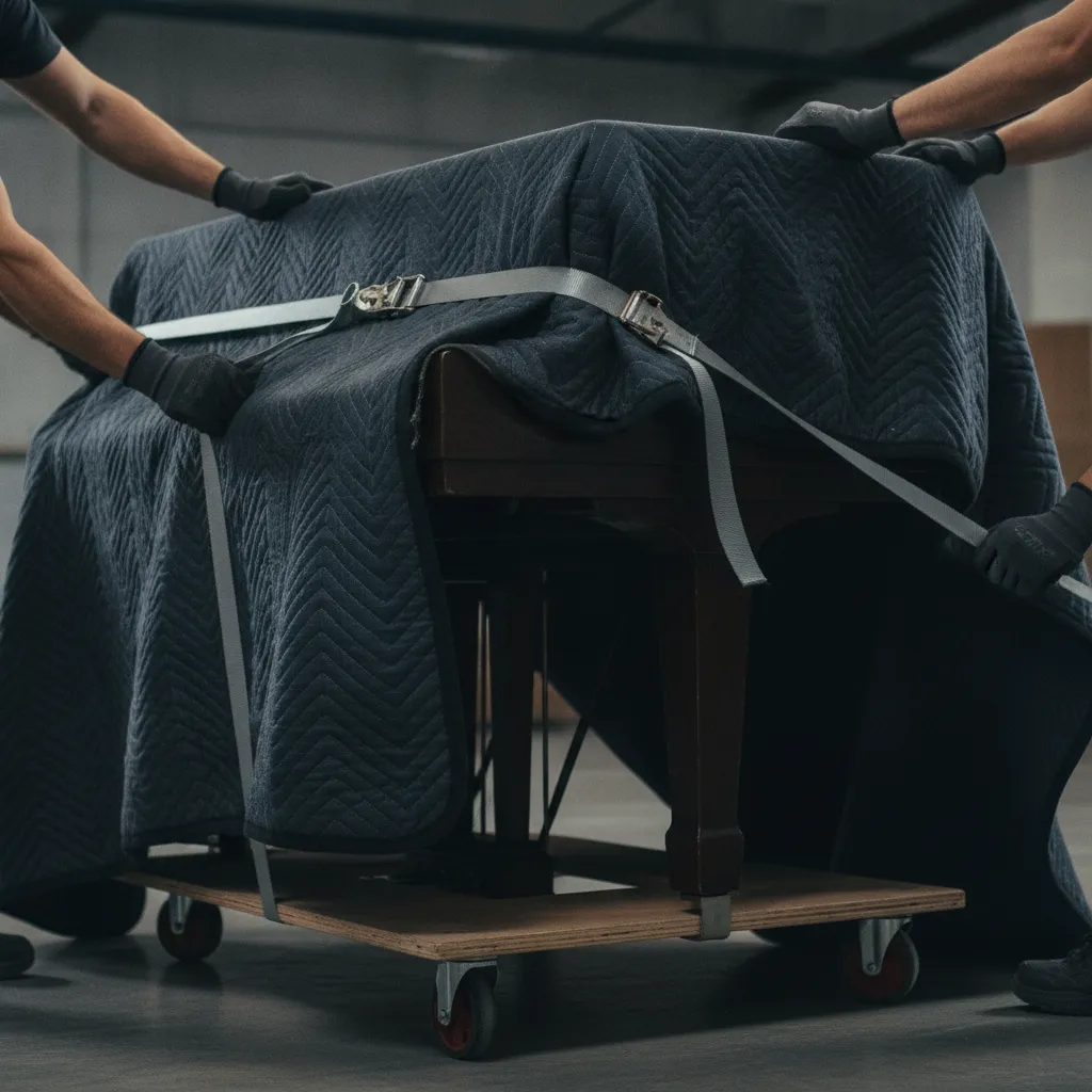 Piano movers in Windsor-Essex wrapping a grand piano with blankets and straps for safe specialty transport