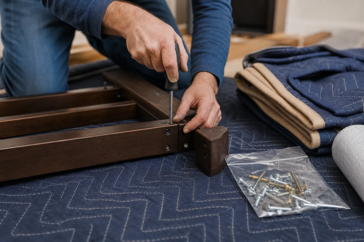 3. Disassemble and protect: reduce size, protect surfaces and label hardware — how to move large furniture safely
