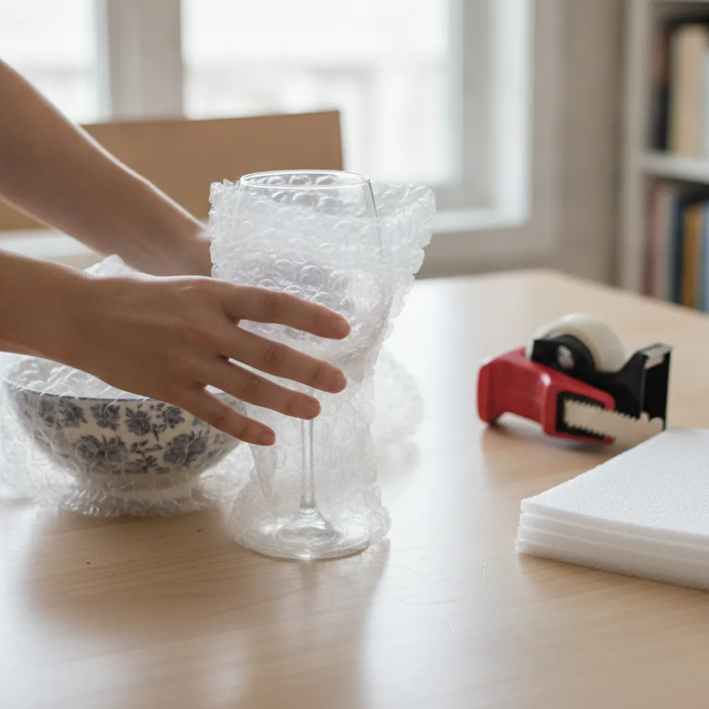 Close-up of careful packing for Essex County moving checklist: wrapping fragile glassware and ceramic bowl with bubble wrap in a Roseland home