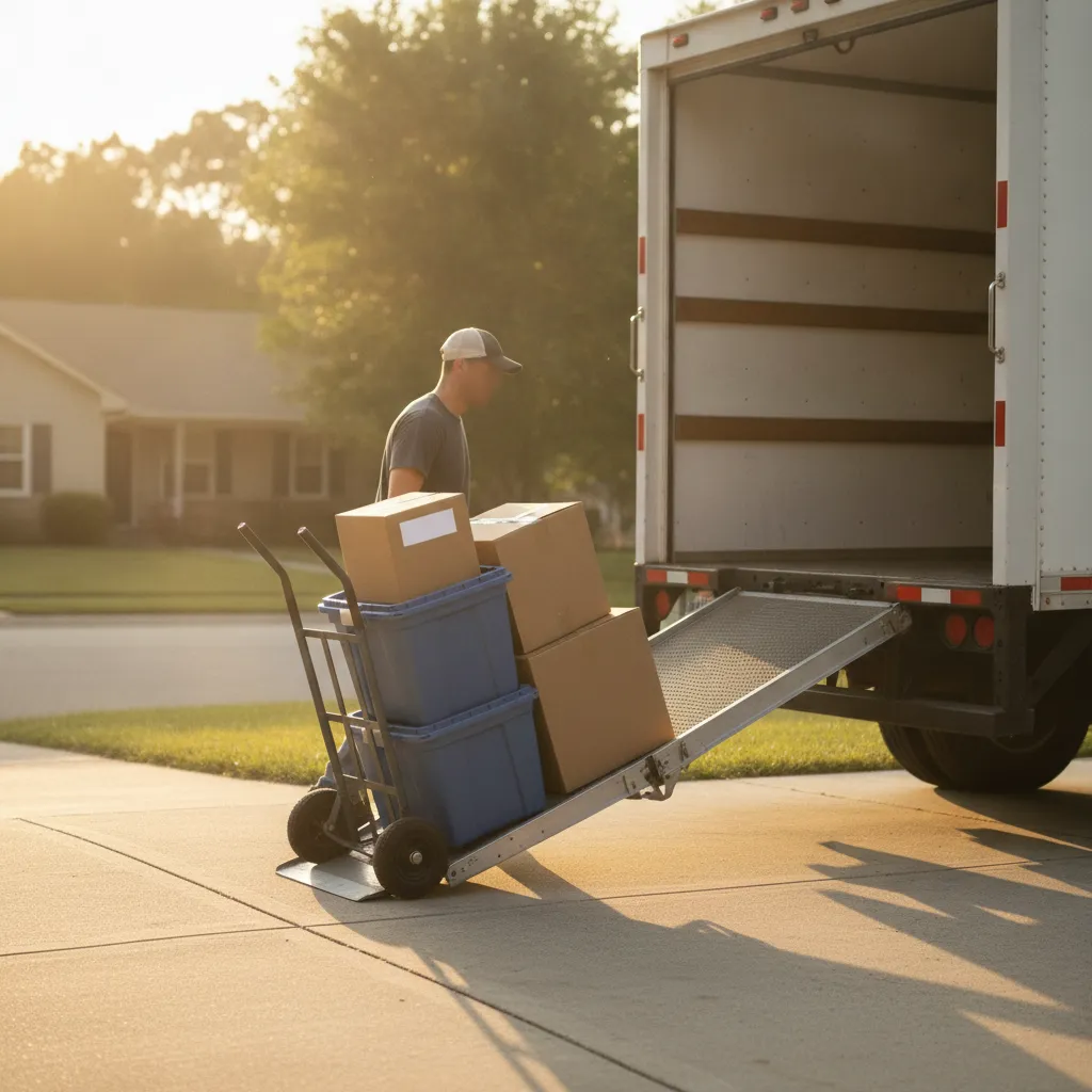 Reusable moving totes and boxes being wheeled up a loading ramp during a Roseland move in Windsor-Essex