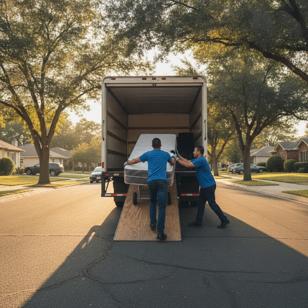Side-angle outdoor shot of a moving truck with movers using a dolly on a ramp, showing safe loading practices for an organized move