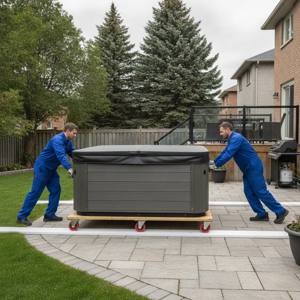 Crew guiding a hot tub over protective boards with a spa dolly during a Roseland full-service move
