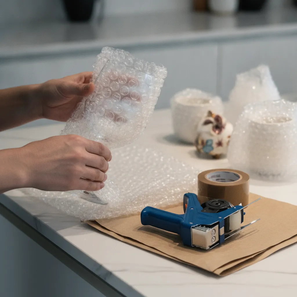 Close-up of careful packing: hands wrapping a wine glass with bubble wrap and packing paper, illustrating how to organize a move with protective materials
