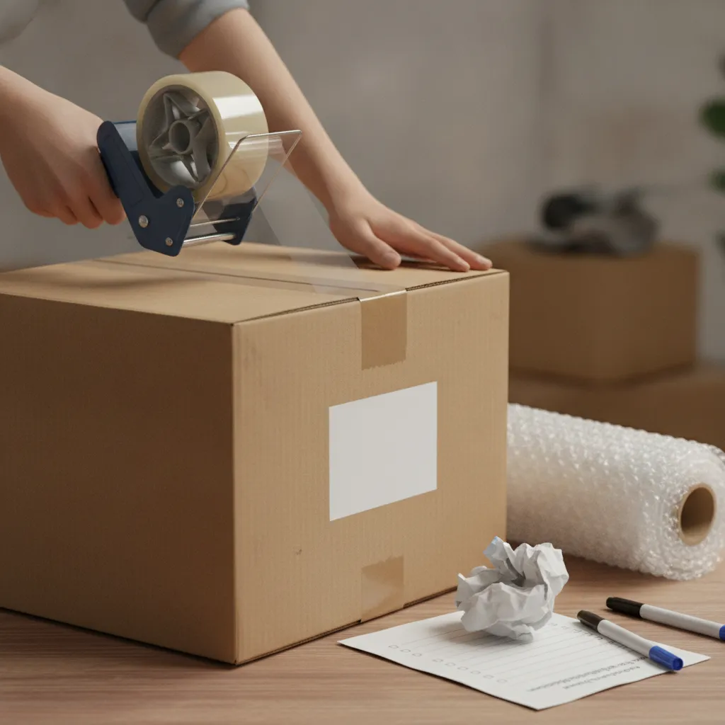 Close-up of labeled moving box being sealed next to an apartment moving checklist, supplies arranged for organized packing