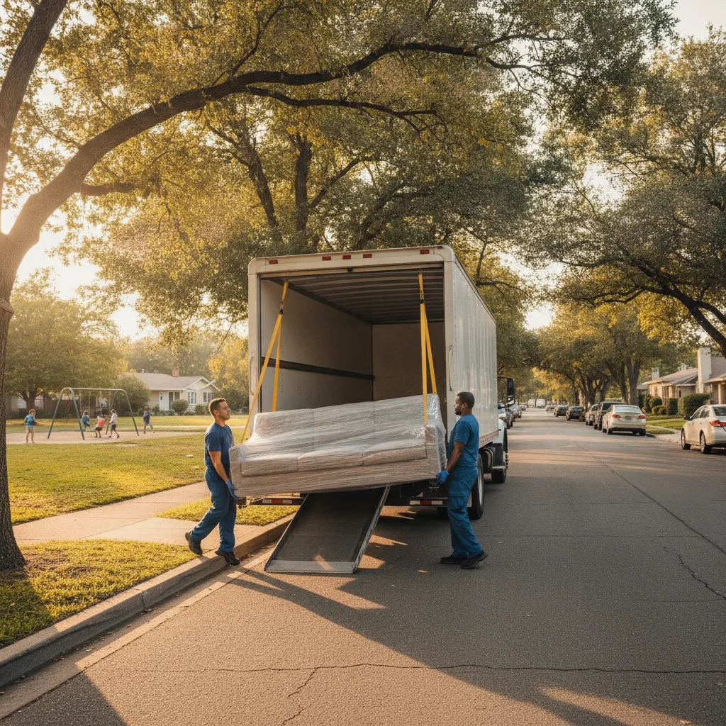Side-angle view of a moving truck and movers carrying a wrapped sofa on a quiet Roseland street near a local park, demonstrating access and parking planning