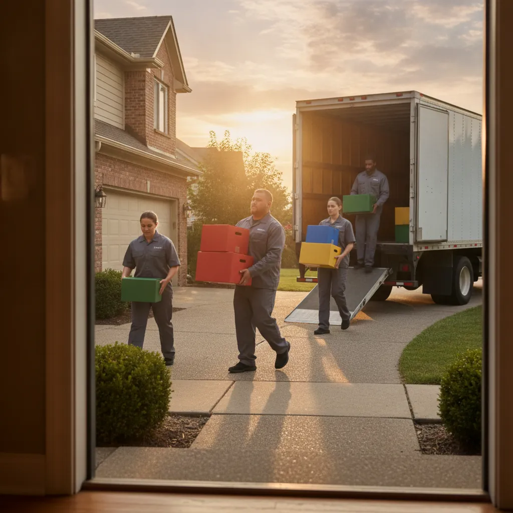 Professional movers carrying color-coded boxes labeled for rooms during a Roseland move