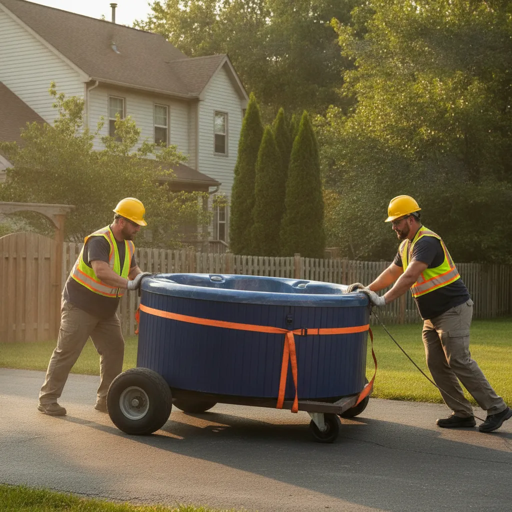 Movers transporting a hot tub on a heavy-duty dolly in a Roseland driveway—planning eliminates hidden moving fees on specialty items