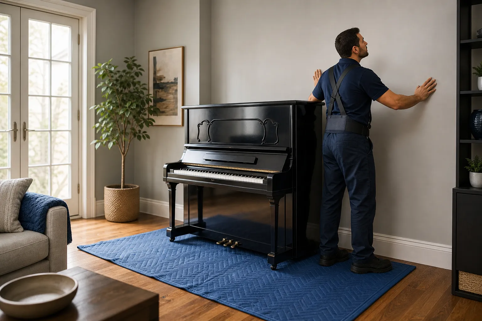 Mover checking a piano’s placement and protected flooring after delivery