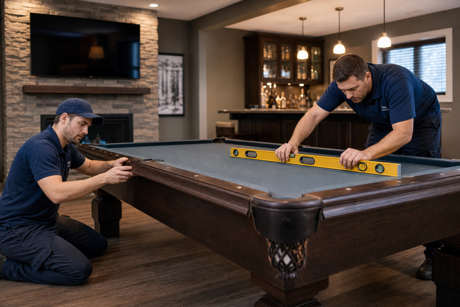 Crew levelling a reassembled pool table in a game room