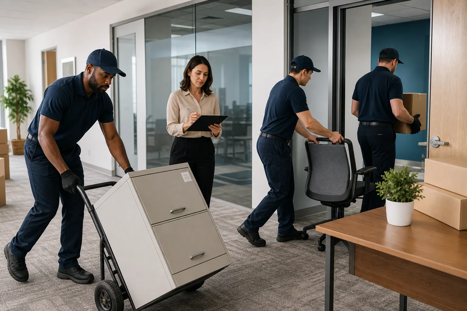 Movers placing labelled office furniture while a coordinator checks the inventory