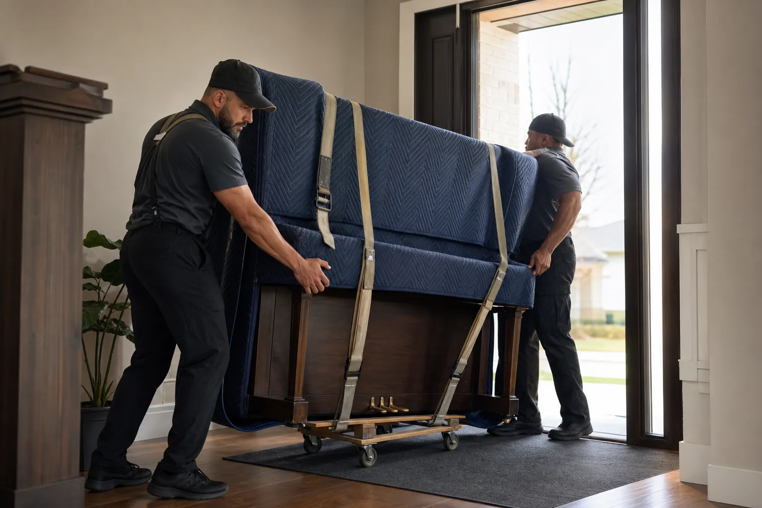Movers protect and manoeuvre a piano through a residential doorway with blankets and straps