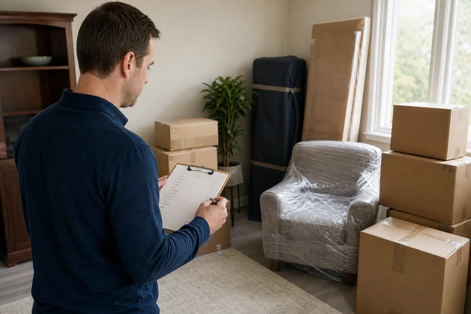 Homeowner checking an inventory of furniture and storage boxes