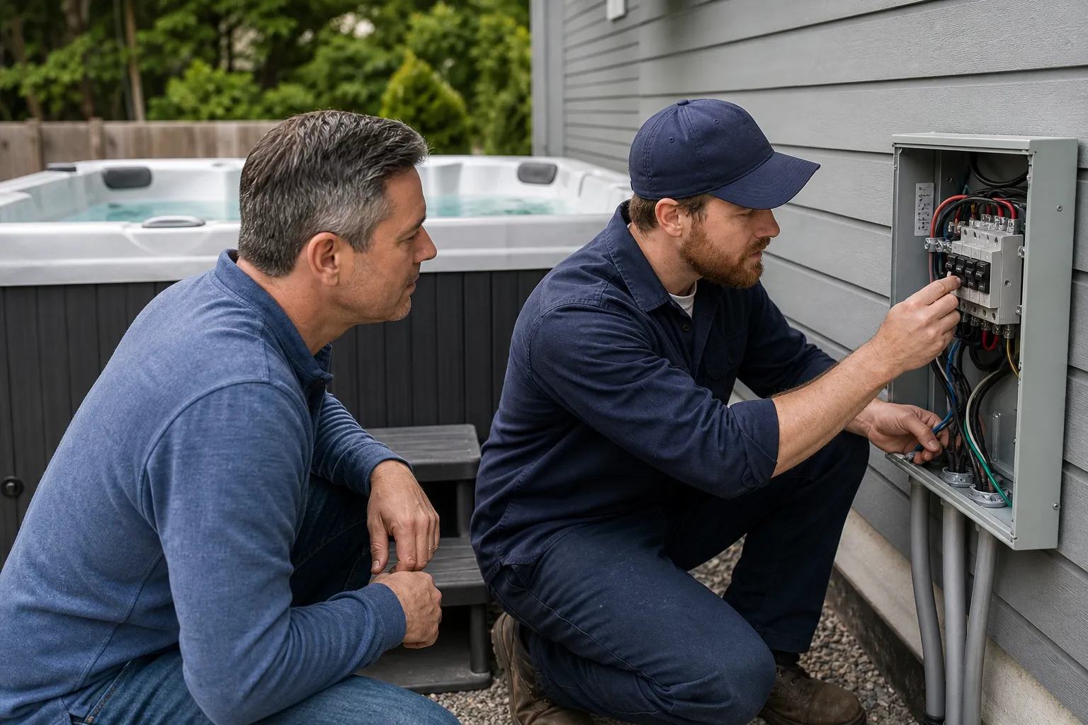 Homeowner and electrician reviewing a hot tub electrical connection beside the equipment panel