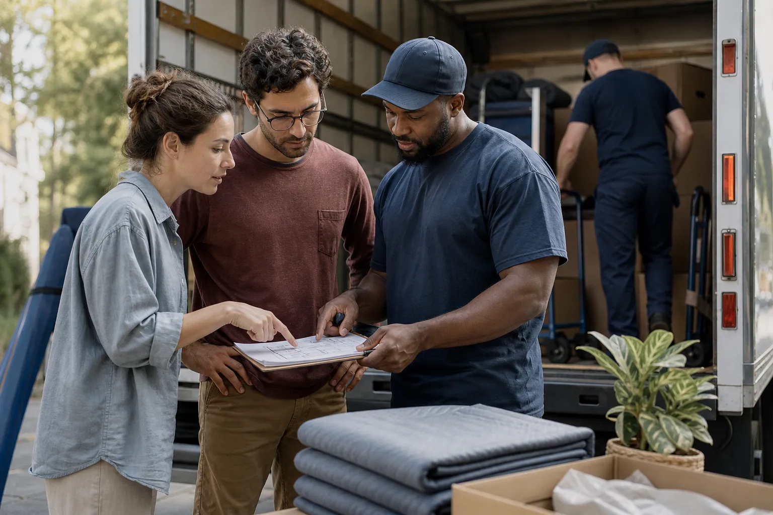 Customer and movers review a load map and inventory beside a truck