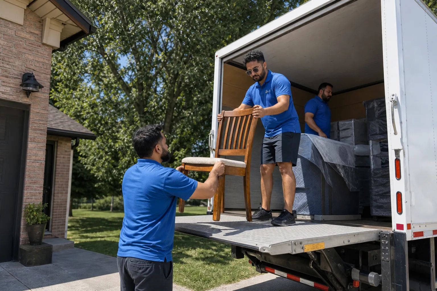 Movers carrying a wrapped sofa through a doorway during a residential relocation
