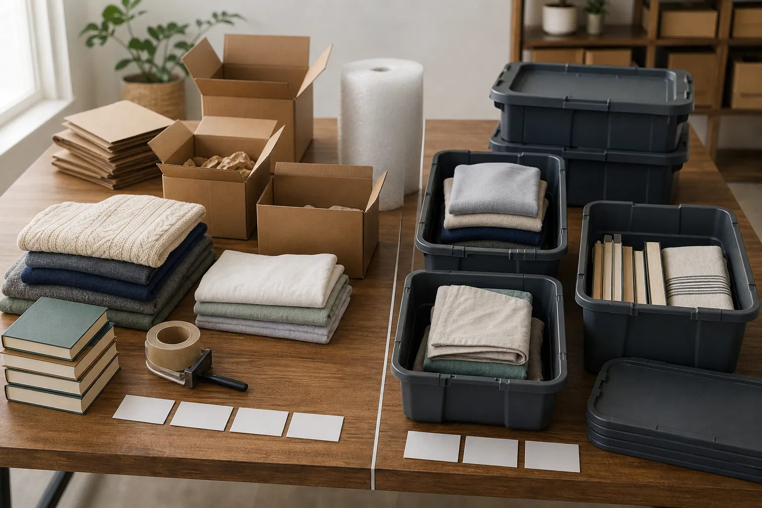 Cardboard moving boxes and reusable plastic totes holding clothing, linens, books, and labels