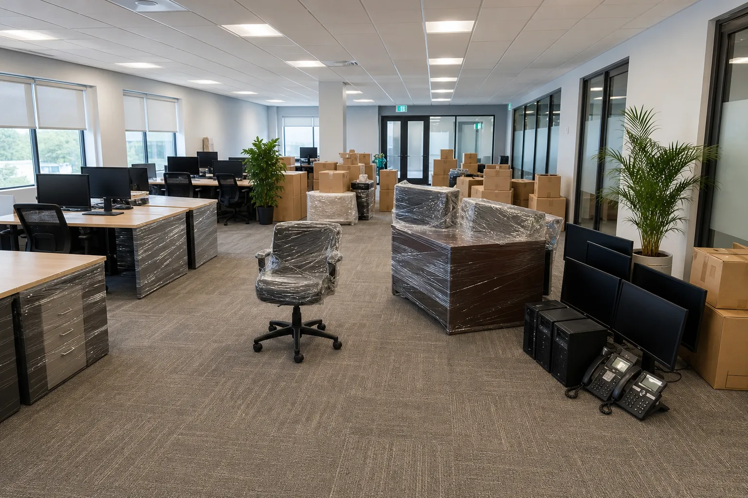 Office furniture and labelled equipment arranged for staged relocation inside a commercial workspace
