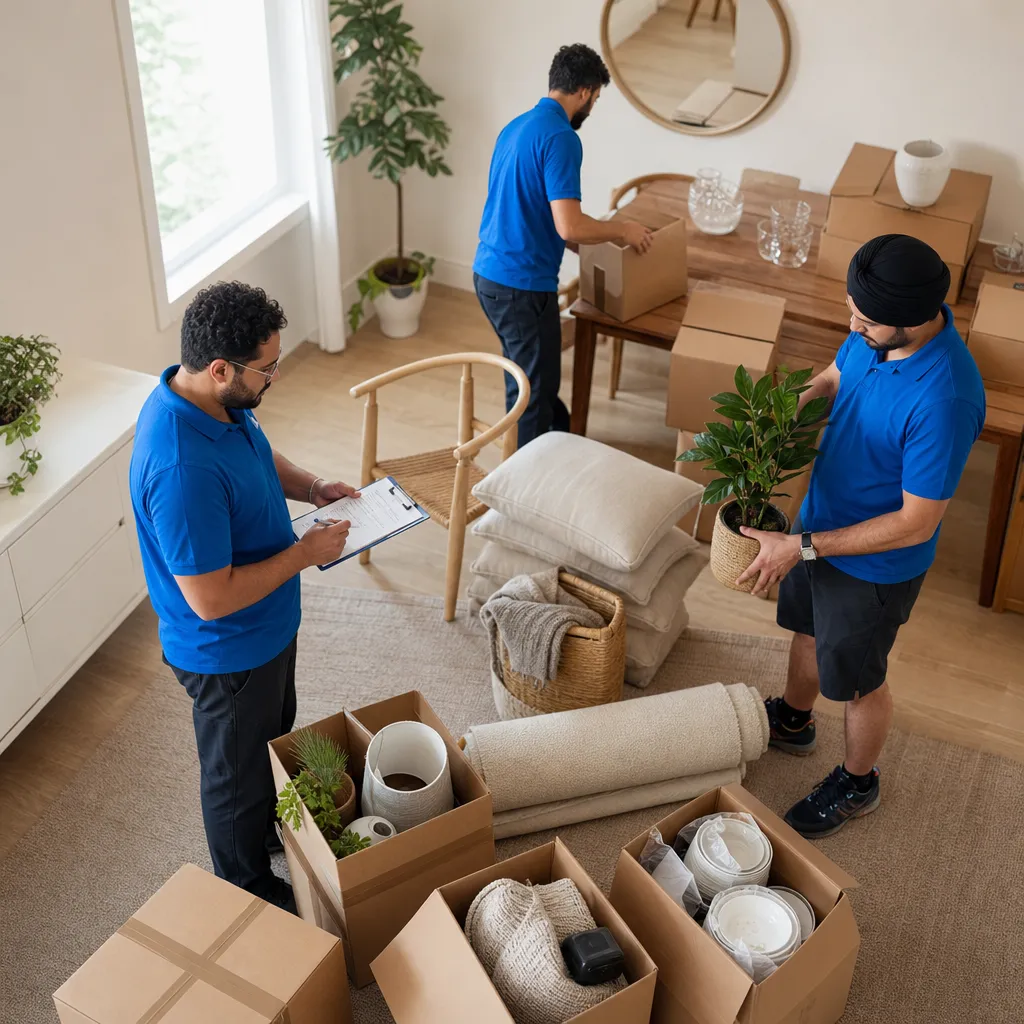 Homeowner reviewing a moving inventory beside labelled boxes and wrapped furniture