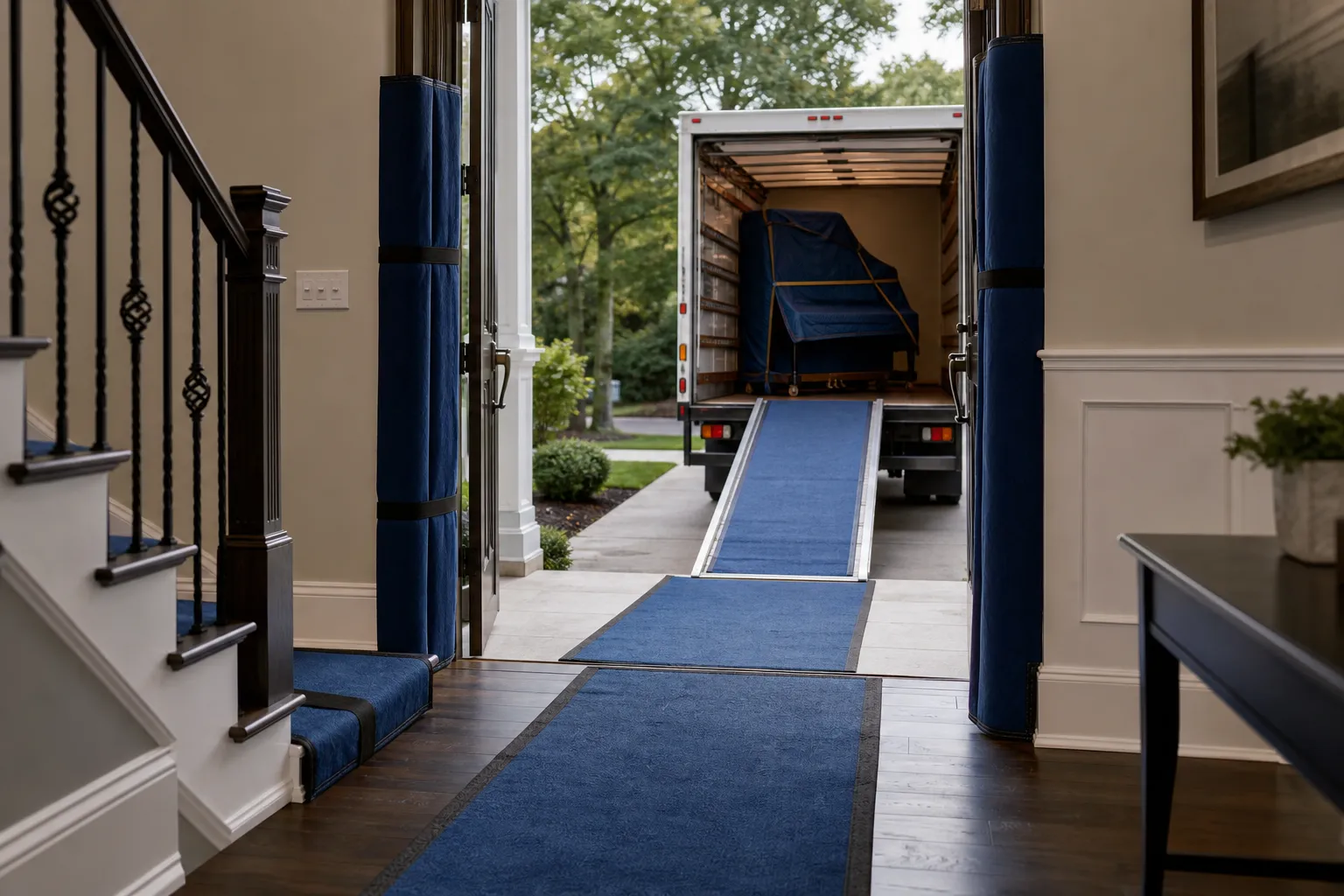 Protected home route with floor runners and stair landing prepared for piano transport