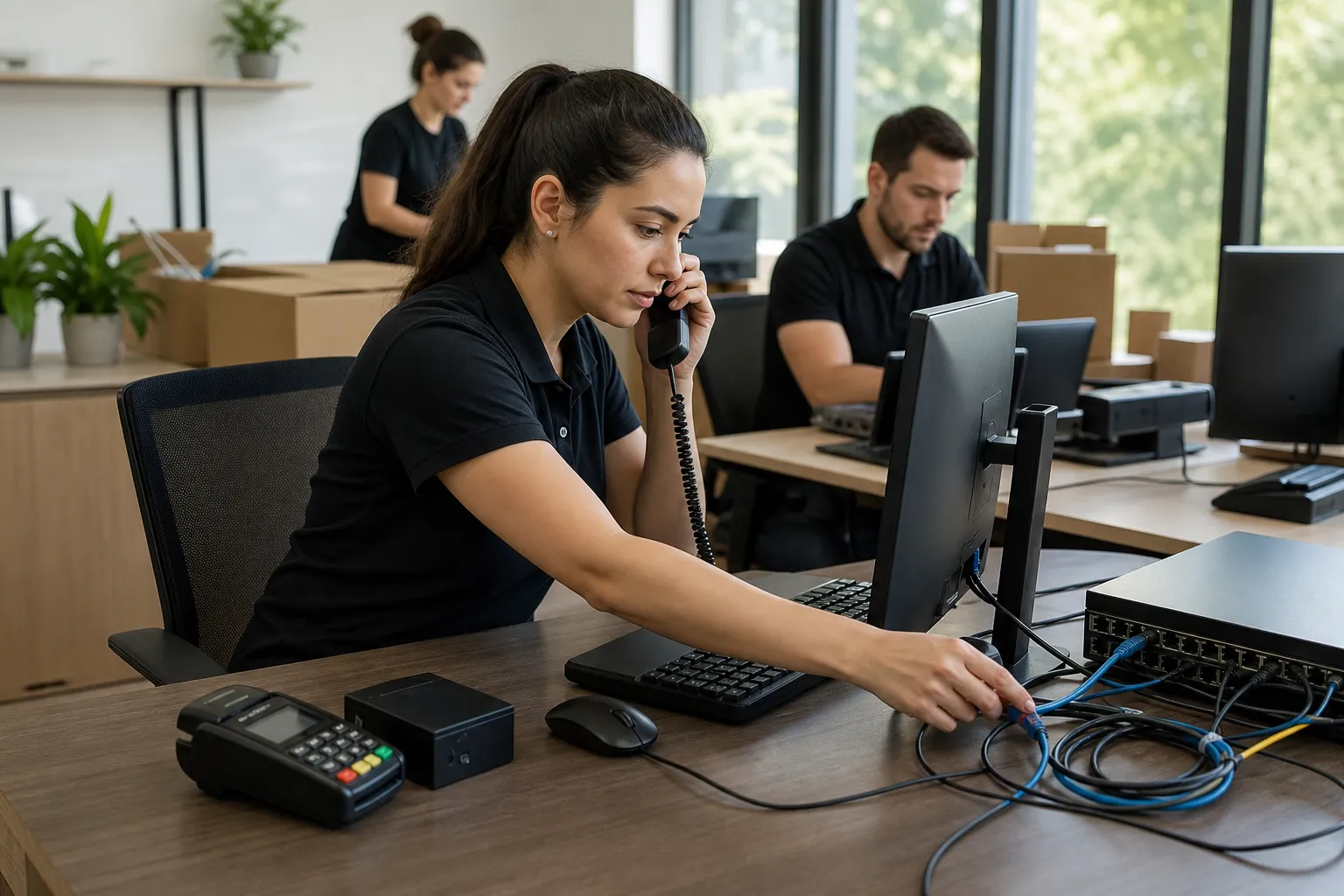 Staff testing technology and payment equipment in a new business workspace