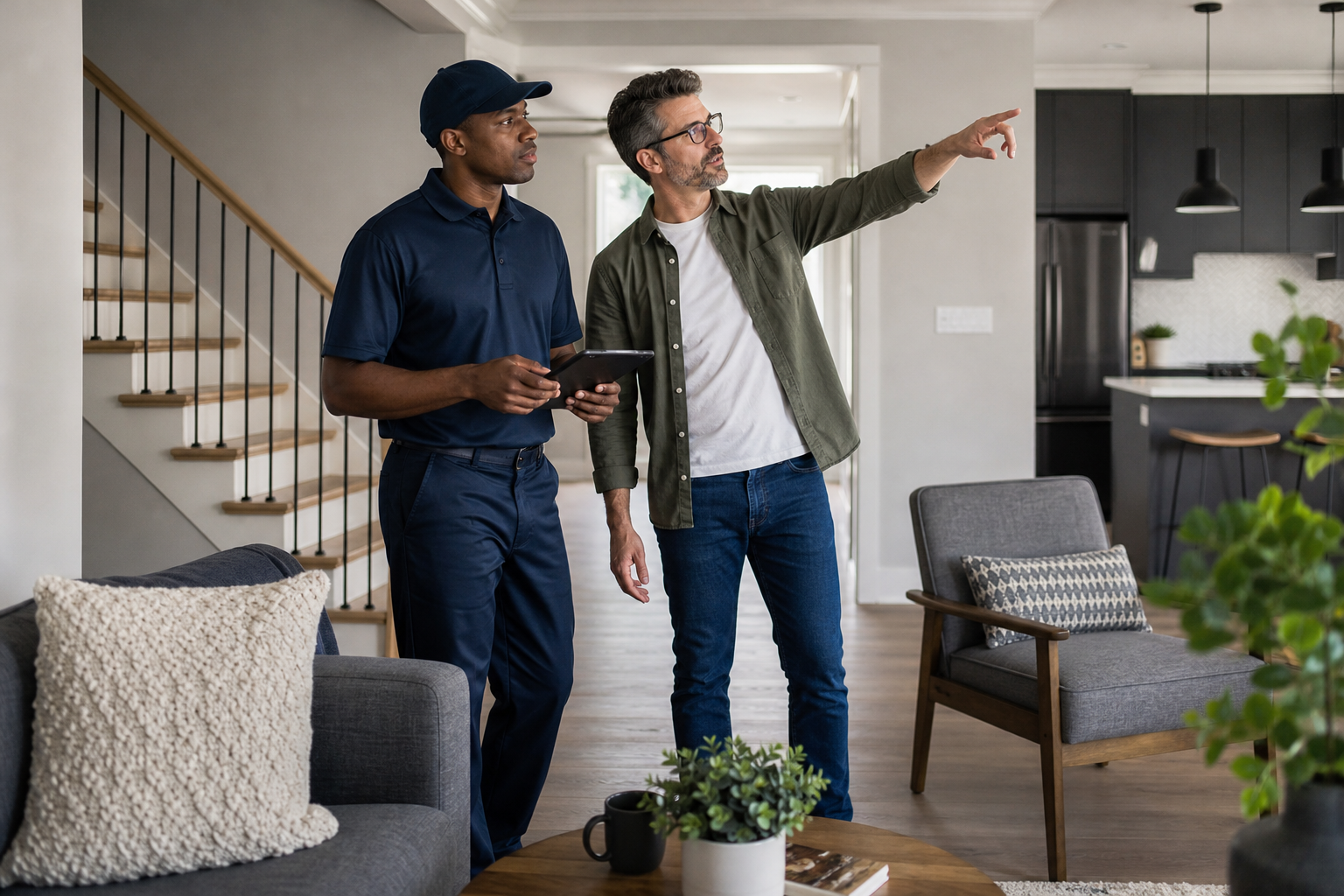 Homeowner showing a mover furniture and stair access details during a quote visit