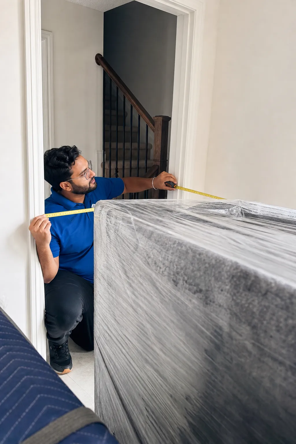 Movers measuring a narrow doorway and stair route before carrying furniture