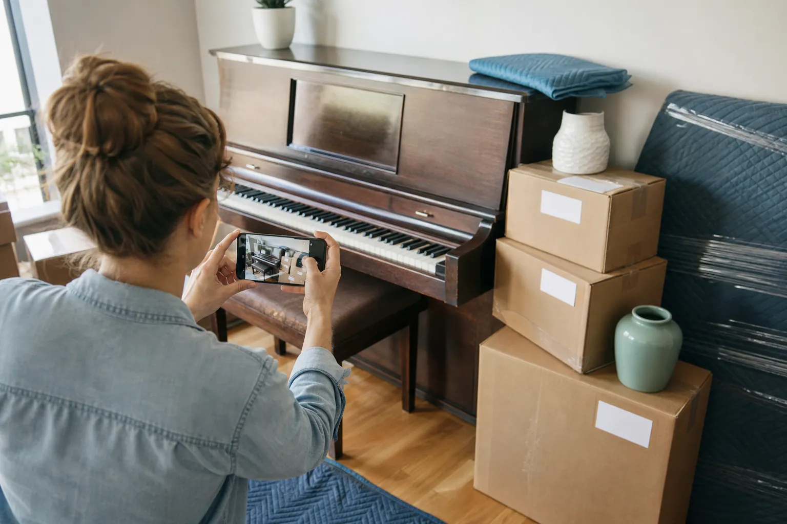 Homeowner photographing a piano and labelled boxes before moving