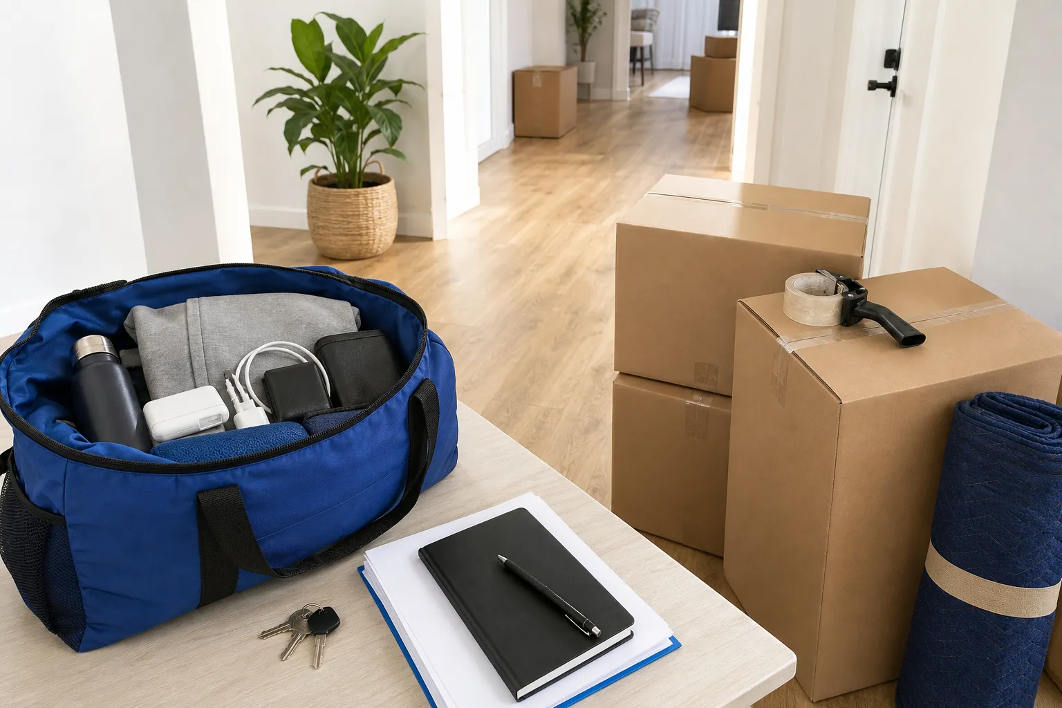 Packed essentials bag, labelled boxes, keys, and clear hallway ready for movers