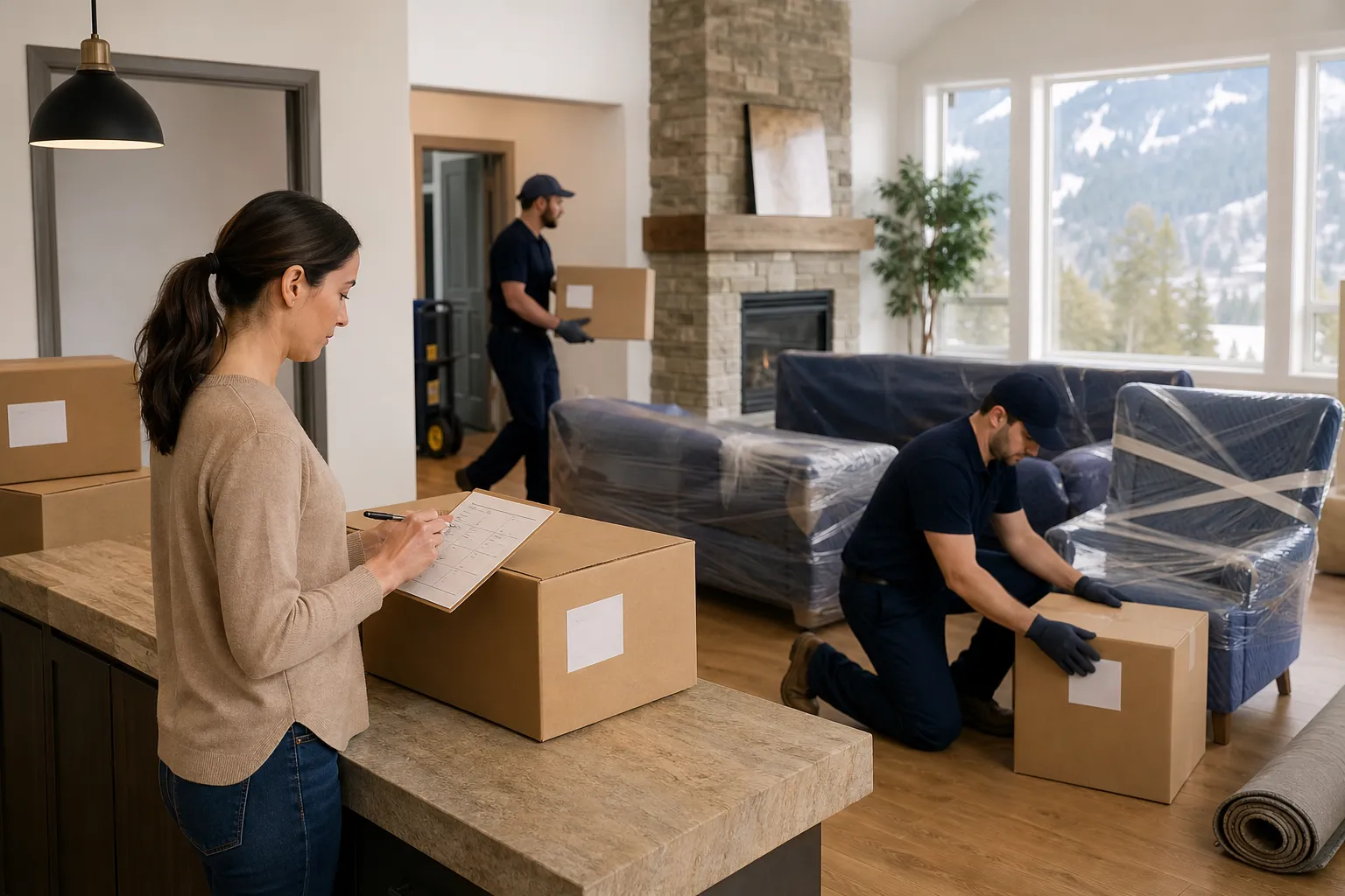 Movers placing labelled boxes and protected furniture in rooms during delivery