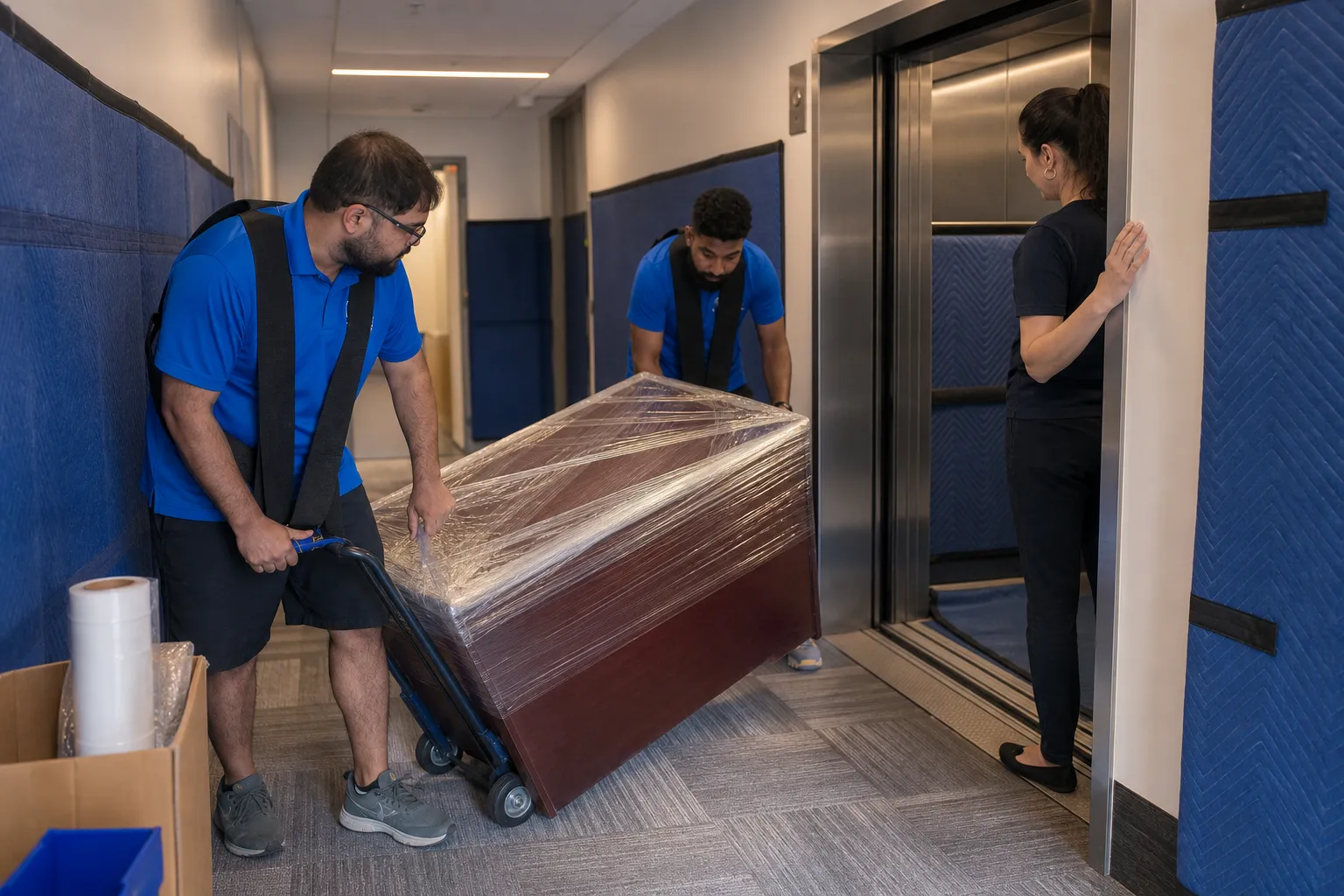 Protected office furniture moving through an elevator loading area
