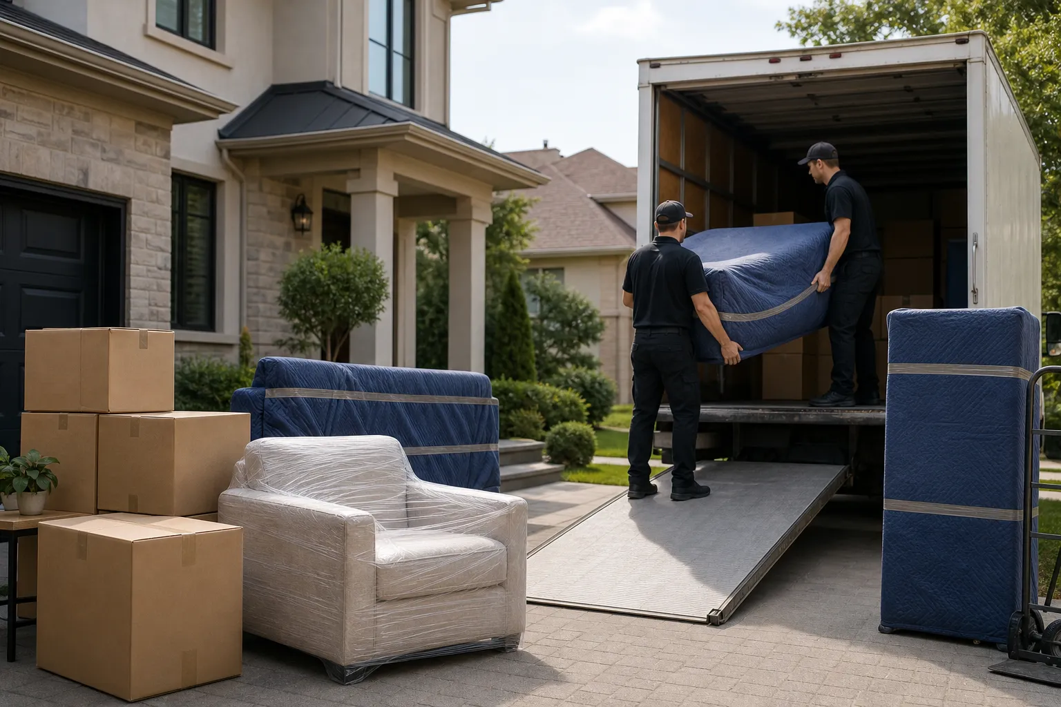 Boxes, wrapped furniture, and a rental truck illustrate different moving service choices