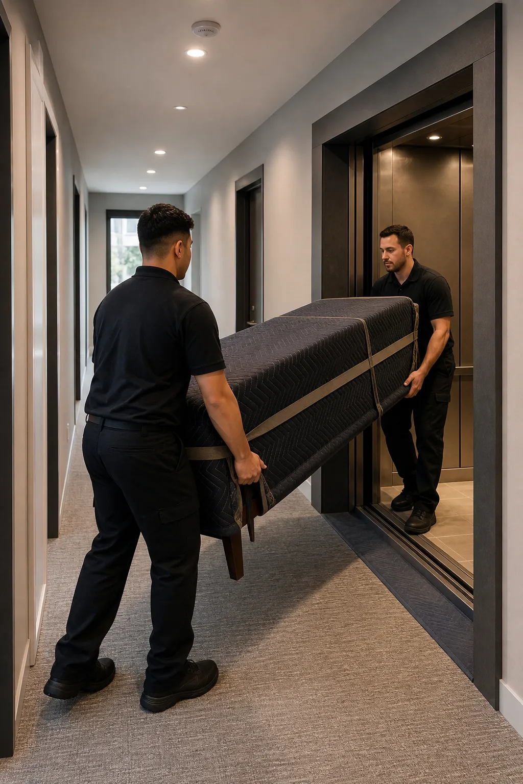Protected moving crew carrying furniture through a condo hallway toward a reserved elevator