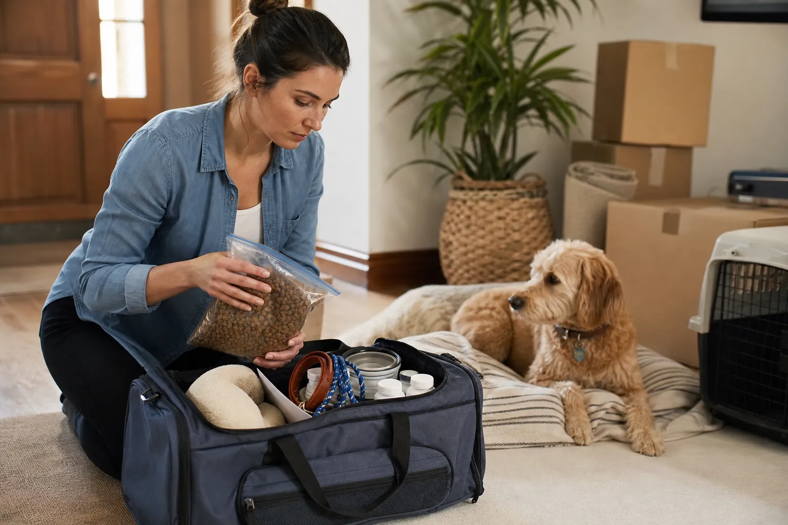 Pet owner packing food, medication, records, and bedding into a labelled moving bag