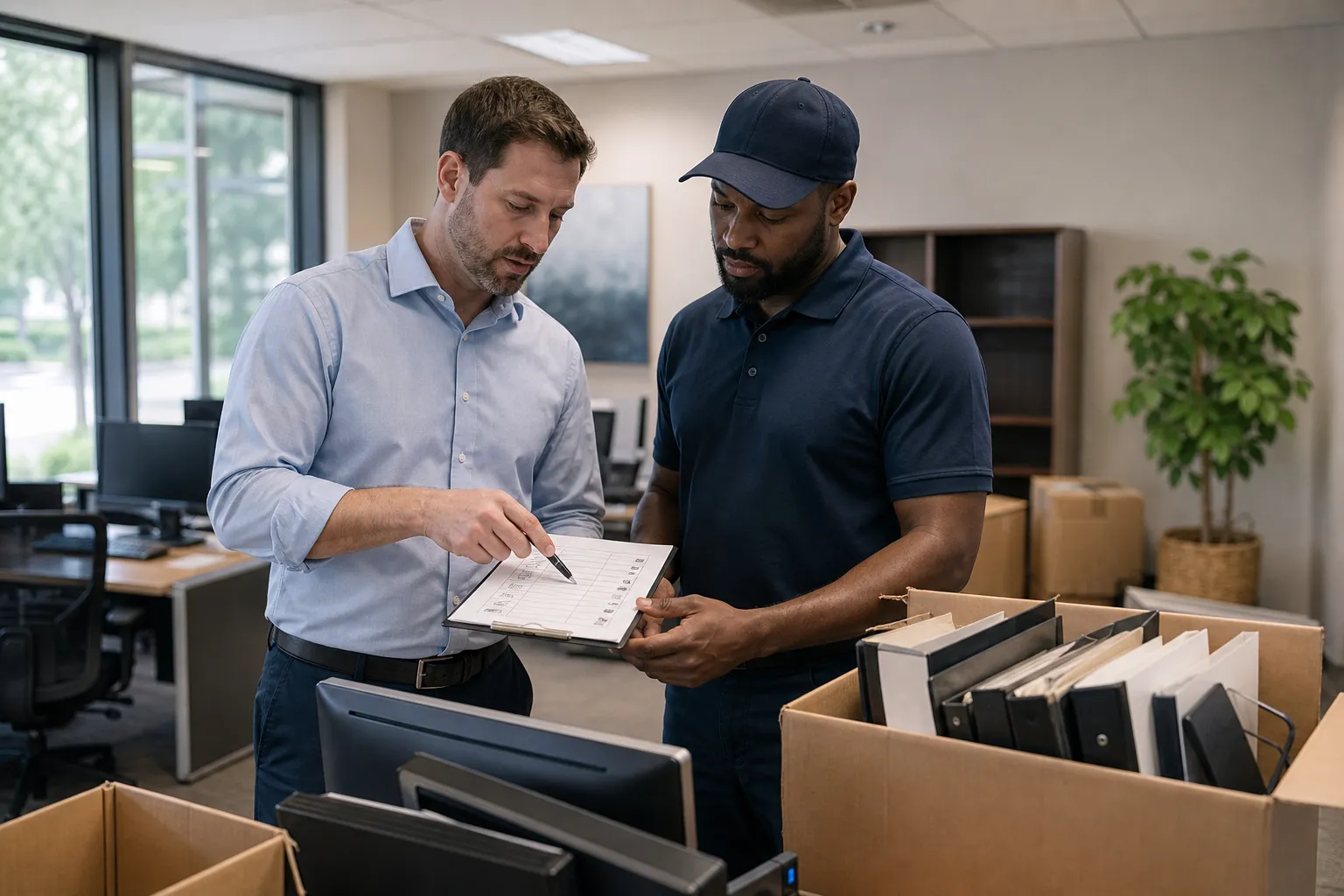 Manager and mover checking an office inventory before commercial relocation