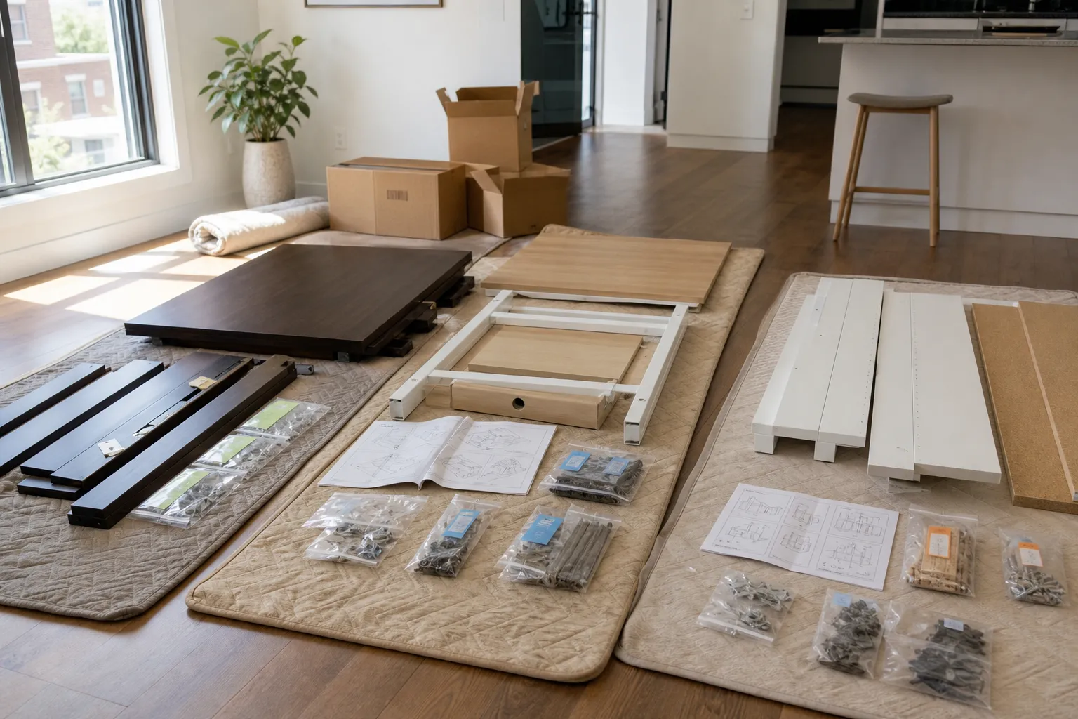 Furniture parts organized by room with manuals and labelled hardware on a protected floor