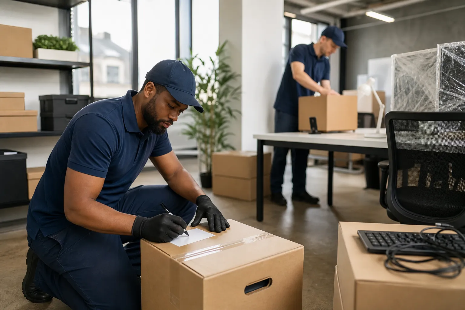 Movers labelling boxed office equipment beside desks in a commercial workspace