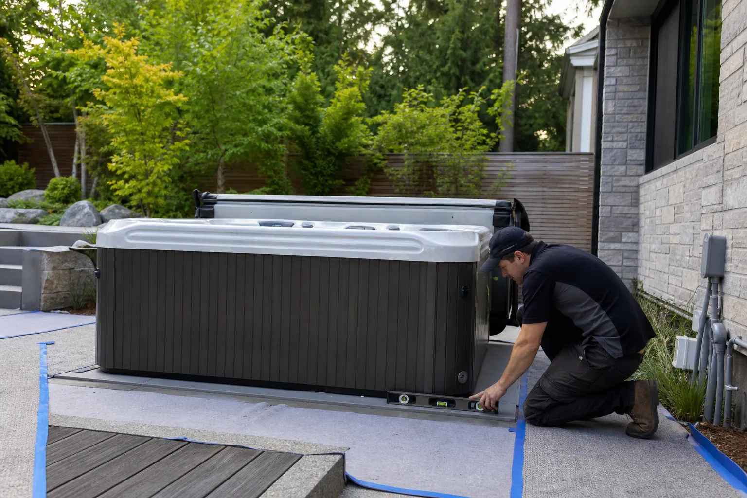 Mover checks a hot tub positioned on a prepared outdoor base with protected decking