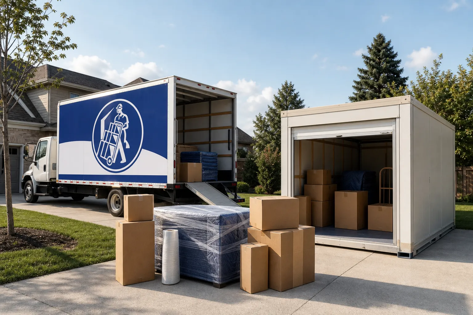 Moving options shown through a truck, storage container, and packed household belongings